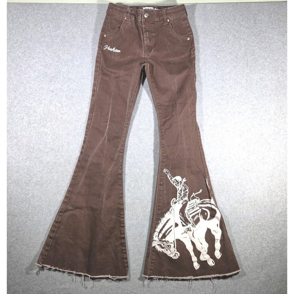 Ranch Dress'n Girls Yeehaw Brown Flare Jeans Size 16 Cowboy Bucking Horse Rodeo